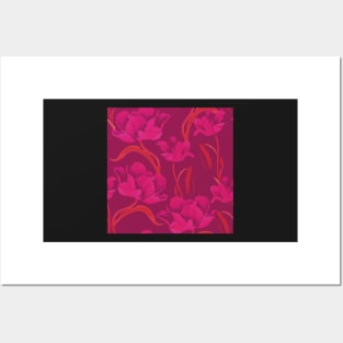 Fantastic pink tulips in a flowing pattern on a purple background Posters and Art